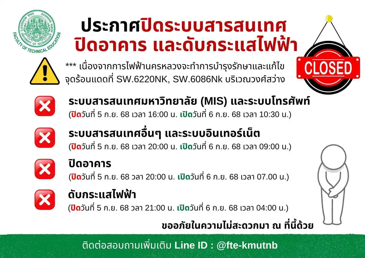 ประกาศปิดระบบสารสนเทศ ปิดอาคาร และดับกระแสไฟฟ้า