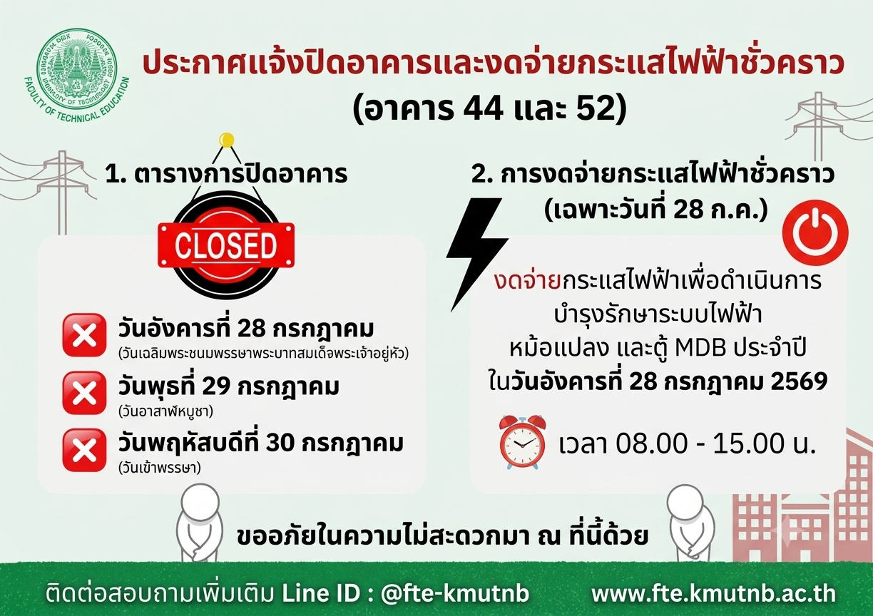 แจ้งปิดอาคารและดับไฟฟ้าชั่วคราว (อาคาร 44 และอาคาร 52)